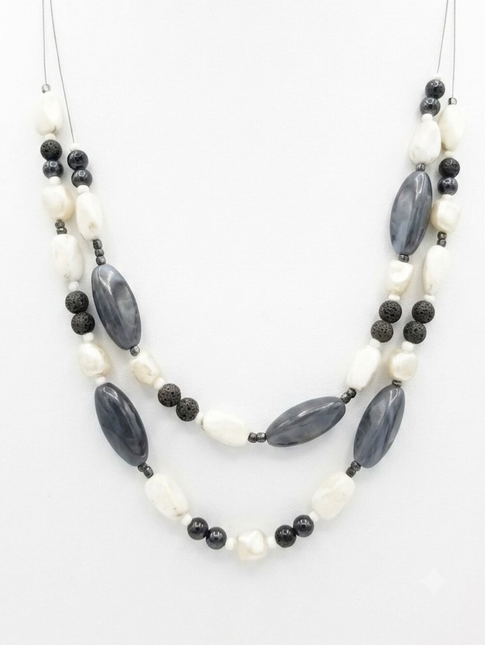 Faux Pearl Smoky Grey Beaded Necklace Dual Strand Adjustable Boho Luxe Fashion
